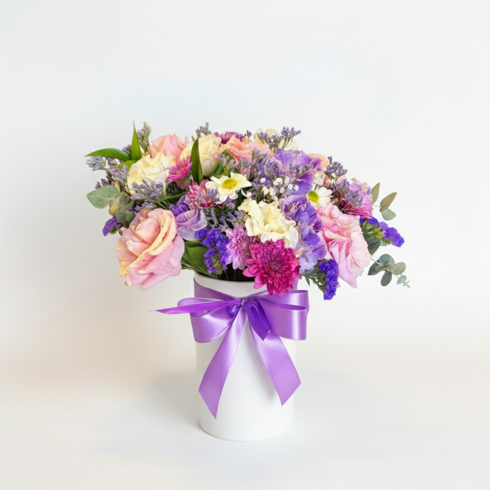 זר פרחים הרמוניה של ורוד וסגול