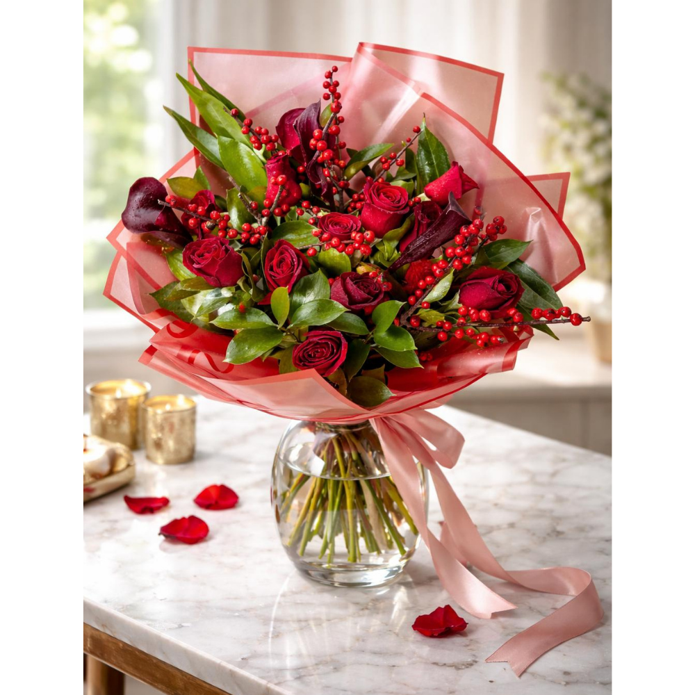 זר פרחים רד ולווט ליום האהבה