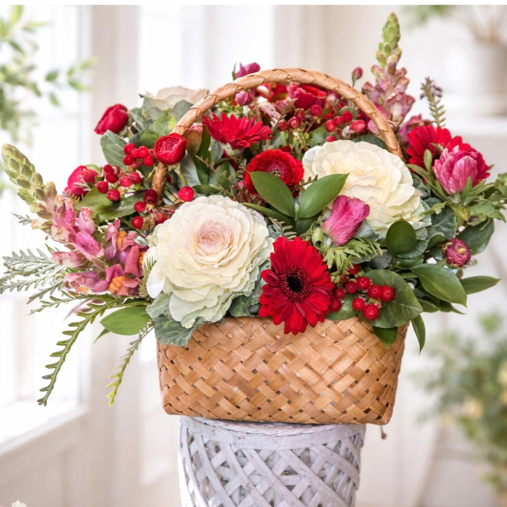 סלסלת סידור פרחים אדומים ולבנים ליום האהבה