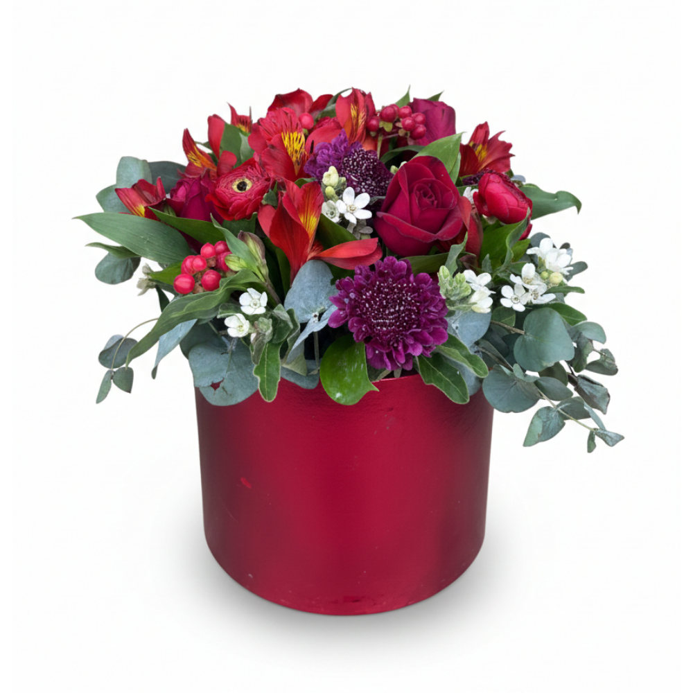 סידור פרחים אדום ולבן בקופסה יוקרתית ליום האהבה